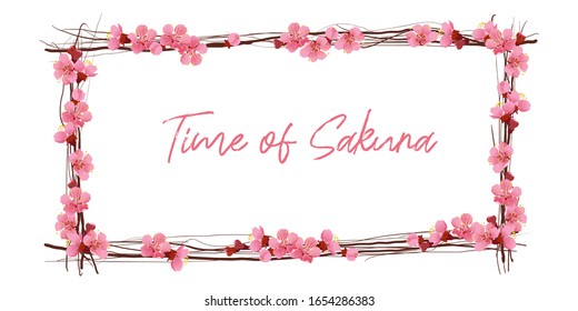Wreath of Sakura flowers. Element decorative floral. Beautiful invitation for banner design. Pink flower vector illustration.