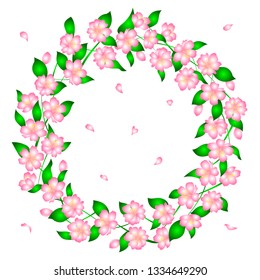 Wreath with sakura and leaves for wedding, birthday and party. 
Design for banner, poster, wrapping, card and invitation on a white background. Vector illustration.