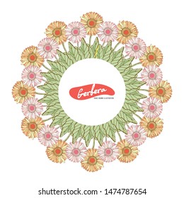 Wreath save the date. Gerbera chamomile red, pink, yellow, orange. Vector illustration. Summer and autumn flowers. Isolated on white background. Retro, vintage. For cards, banners, congratulations