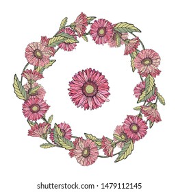 Wreath save the date. Gerbera chamomile red, pink, yellow, orange. Vector illustration. Summer and autumn flowers. Isolated on white background. Retro, vintage. For cards, banners, congratulations