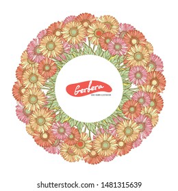 Wreath save the date. Gerbera chamomile red, pink, yellow, orange. Vector illustration. Summer and autumn flowers. Isolated on white background. Retro, vintage. For cards, banners, congratulations