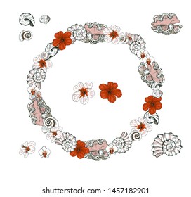 wreath of sea shells and exotic flowers, shells and hibiscus, vector illustration