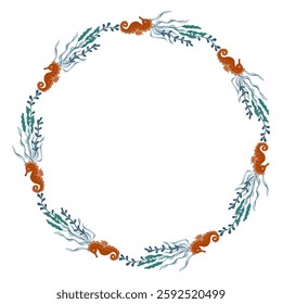 Wreath with seahorse and seaweed, algae, sea horse