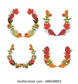 Wreath set. Autumn vector frames with oak and maple leaves. Floral garland for design.