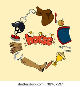 wreath set equestrian cute gloves boots riding saddle brush helmet whip cup pad horseshoe handdrawn lettering horse hearts and stars