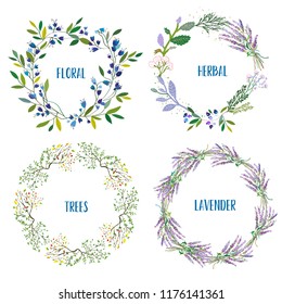 Wreath set with flowers, herbs, lavendes, tree branches. Vector graphic illustration