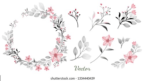 Wreath. Set: graphic pink flower, twigs, bouquet, leaves flower frame with gray leaves. Vector invitation design.  Background to save the date.Greeting card.