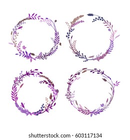 Wreath set made of greenery silhouettes. Drawings of twigs, flowers, herbs, leaves. Round border great to place text, quote or logo. Green foliage. Botanical illustration great for rustic design.
