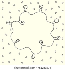 Wreath in shape of electric garland with bulb. Falling confetti. Christmas and New Year greeting card in free hand style.