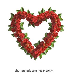 A wreath in the shape of a heart from buds of red roses. Vector illustration.