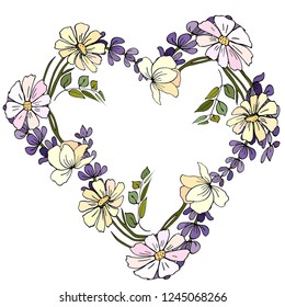 A wreath in the shape of a heart from wildflowers. Postcard, greeting card, invitation card.