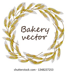 Wreath, Sheaf of Ears, gold spikelets, spica, isolated on white background Contour lines. Flat design vector illustration