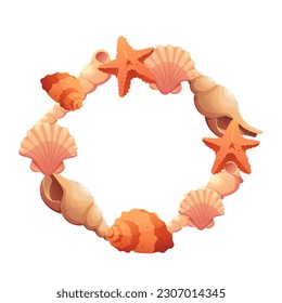 Kranz mit Muscheln und Sternfischen einzeln auf weißem Hintergrund. Runder Rahmen mit einem nautischen Thema. Schiffselemente für Grußkarten, Bannervorlage und Einladungen.