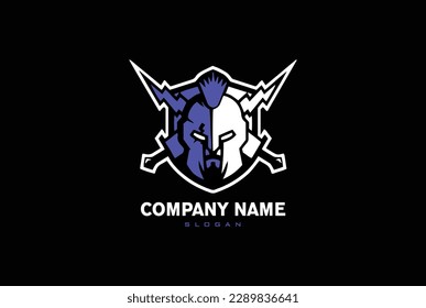 Wreath, shield, swords and helmet of the Spartan warrior symbol, emblem. Gym and fitness logo