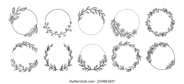 Wreath Signs Frames with Flowers, Branch or Leaves Black Thin Line Set. Vector illustration of Circle Frame