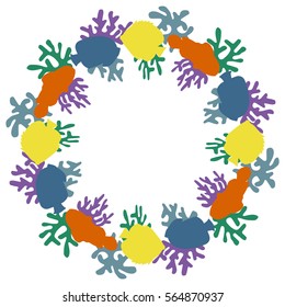 wreath silhouette, circuit colorful fish red clown and blue angel fish and yellow butterfly fish and green and lilac corals and reefs vector illustration on white background