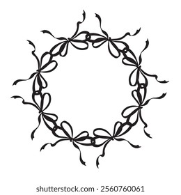 Wreath from silk ribbon bows. Vector graphic illustration isoated. Round frame of tapes. Border for holiday decoration. Romantic icon silhouette. Clipart for invitation, postcard, Christmas, wedding.