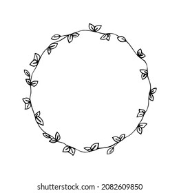 Wreath of simple twigs with different  leaves. Black lines on white background, sketch, Doodle style. Hand drawn vector illustration with copy space