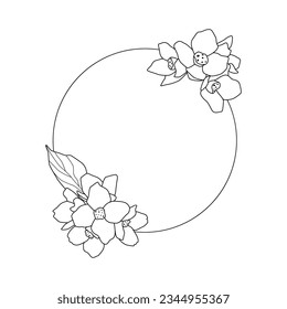 Wreath of simple twigs with flowers. Circle frame with black lines on white background, sketch, Doodle style. Hand drawn vector illustration with copy space