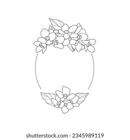 Wreath of simple twigs with flowers. Frame with black lines on white background, sketch, Doodle style. Hand drawn vector illustration with copy space