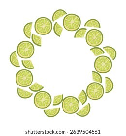 A wreath with sliced green limes arranged in a circle. Bright and fresh citrus design perfect for summer themes, tropical backgrounds and food packaging. Vector illustration
