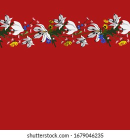 wreath of snowdrops from spring flowers on a red background