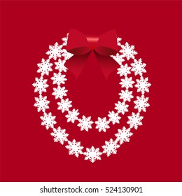 The wreath of snowflakes with white bow on a red background.