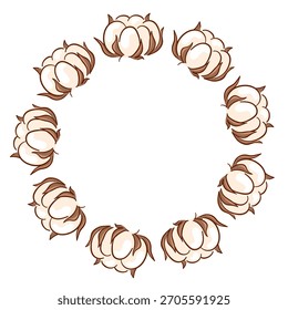 Wreath of soft cotton boll on a white background in flats style. Design for greeting card, wedding invitation.