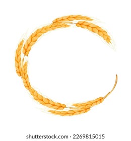 Wreath from spikelet, golden color wheat round frame in cartoon style isolated on white background. For bakery, tags or labels