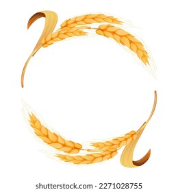 Wreath from spikelet, golden color wheat round frame in cartoon style isolated on white background. For bakery, tags or labels