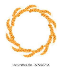 Wreath from spikelet, golden color wheat round frame in cartoon style isolated on white background. For bakery, tags or labels