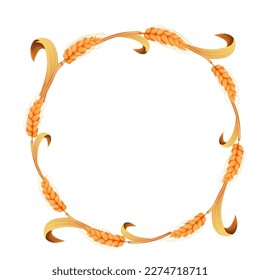 Wreath from spikelet, golden color wheat round frame in cartoon style isolated on white background. For bakery, tags or labels