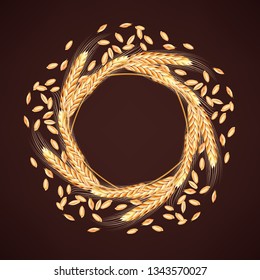 A wreath of spikelets of wheat and wheat grains. Realistic frame for the bakery. Autumn harvest. Vector illustration