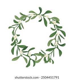 Wreath of sprig mistletoe with berries. Vector craft christmas decoration of mistletoe garland isolated on white background. Design frame element for print, card, flyer, banner