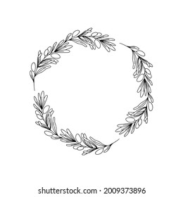 A wreath with sprigs of olives. Design of festive Easter and birthday cards. Greek herbs. Vector isolated illustration with a wreath for printing on paper with olives. A dry wreath.