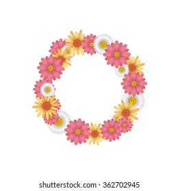 Wreath of spring blossom flowers. Isolated on white background. Daisies, chamomilles. Botanical illustration, design element, round frame. Vector illustration. 