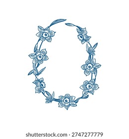 Wreath of spring daffodils and flying butterflies. Hand drawn vector illustration in line art style. Monochrome clip art for Easter greeting cards and holiday banners.