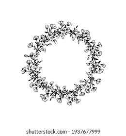 A wreath of spring flowering branches of an apple tree. Round design of white flowers, leaves, twigs, buds isolated on white background. Botanical elements are drawn by hand in ink. 