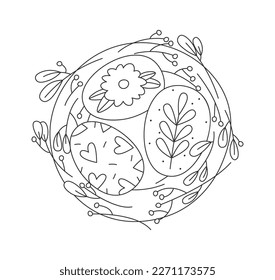 Wreath of spring flowers and eggs line art Contemporary design. Vector illustration