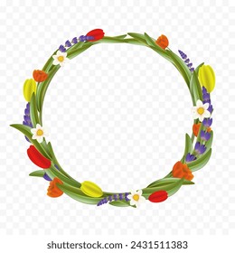 Wreath of spring flowers. Frame isolated on transparent background. Stock vector mockup