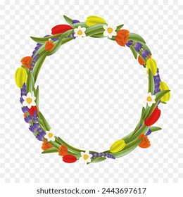 Corona de flores de primavera. Marco aislado sobre fondo transparente. Modelo vectorial de stock