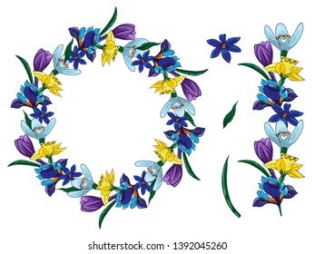 A wreath of spring flowers isolated on a white background. Elements of decor and a border of flowers.