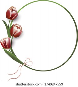 Wreath of spring tulips, floral round frame, decorative design, vector illustration