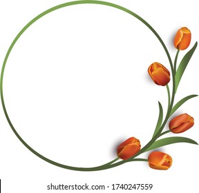 Wreath of spring tulips, floral round frame, decorative design, vector illustration