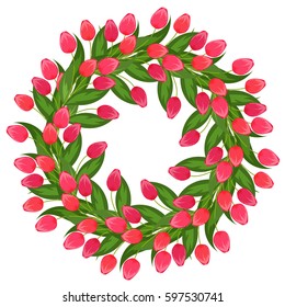 Wreath of spring tulips on a white background