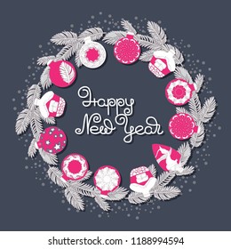 Wreath of spruce branches with Christmas tree decorations, balls, small houses. Vector illustration Isolated on a grey background. Handwritten letter Happy New Year.