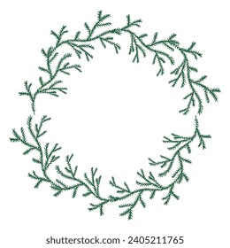 Wreath of spruce branches in hand drawn style on white background. Vector illustration