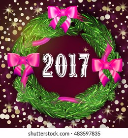 wreath of spruce tree with ribbons decorated greeting card design for Happy New Year and Merry Christmas! celebration.