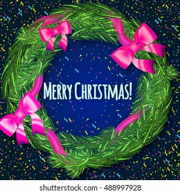 wreath of spruce tree with ribbons decorated greeting card design for  Christmas celebration.