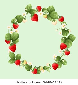 a wreath of strawberries and leaves with a green background.